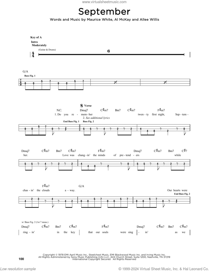 September sheet music for bass solo by Earth, Wind & Fire, Al McKay, Allee Willis and Maurice White, intermediate skill level