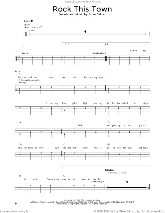 Rock This Town sheet music for bass solo by Stray Cats and Brian Setzer, intermediate skill level