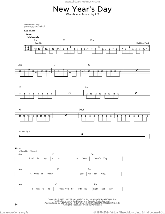 New Year's Day sheet music for bass solo by U2, intermediate skill level