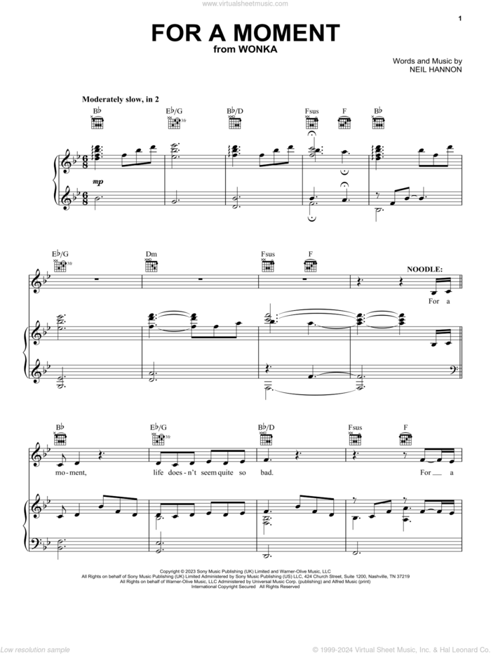 For A Moment (from Wonka) sheet music for voice, piano or guitar by Calah Lane & Timothée Chalamet and Neil Hannon, intermediate skill level