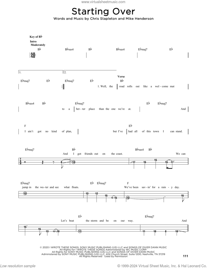 Starting Over sheet music for bass solo by Chris Stapleton and Mike Henderson, intermediate skill level
