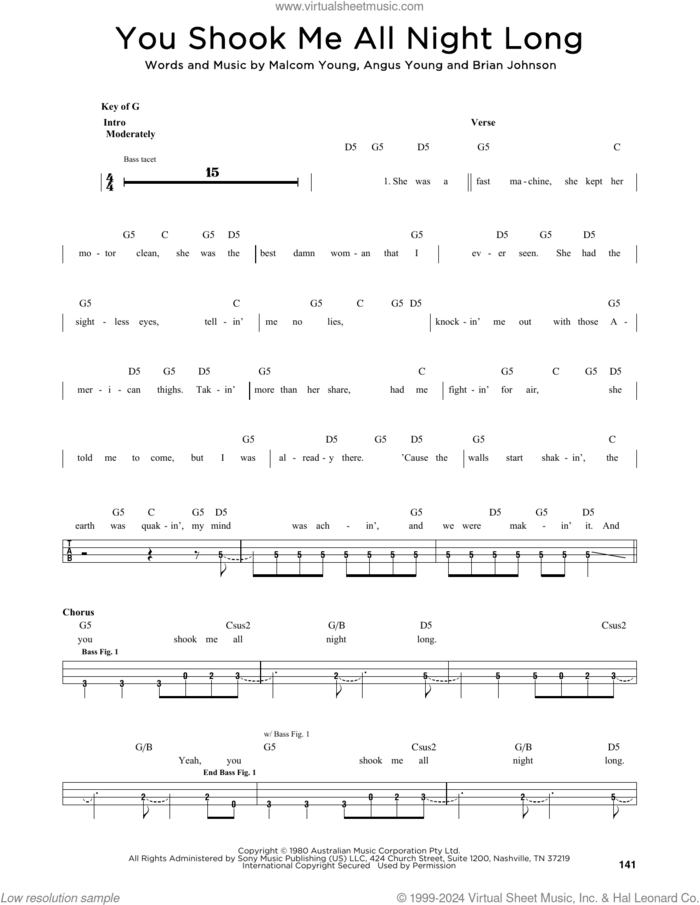 You Shook Me All Night Long sheet music for bass solo by AC/DC, Angus Mckinnon Young, Brian Johnson and Malcolm Mitchell Young, intermediate skill level