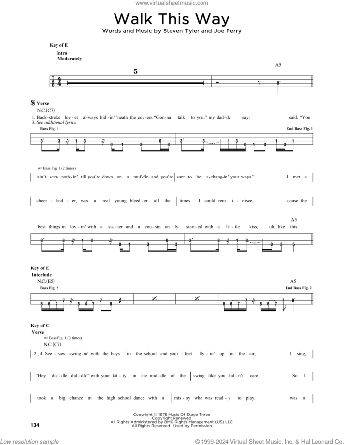 Walk This Way sheet music for bass solo by Aerosmith, Run D.M.C., Joe Perry and Steven Tyler, intermediate skill level