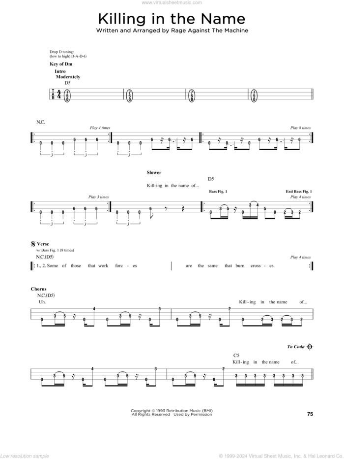 Killing In The Name sheet music for bass solo by Rage Against The Machine, Brad Wilk, Tim Commerford, Tom Morello and Zack De La Rocha, intermediate skill level