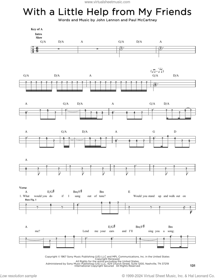 With A Little Help From My Friends sheet music for bass solo by The Beatles, Joe Cocker, John Lennon and Paul McCartney, intermediate skill level