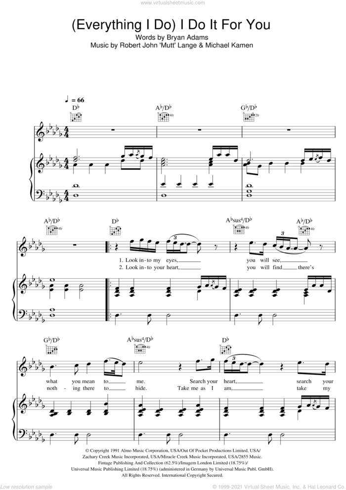 (Everything I Do) I Do It For You sheet music for voice, piano or guitar by Bryan Adams, Michael Kamen and Robert John Lange, wedding score, intermediate skill level