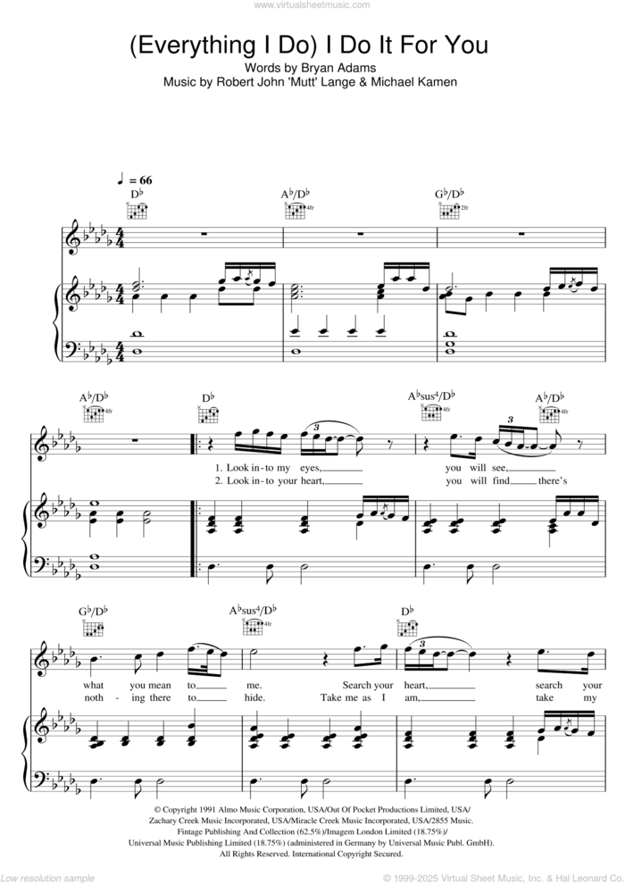 (Everything I Do) I Do It For You sheet music for voice, piano or guitar by Bryan Adams, Michael Kamen and Robert John Lange, wedding score, intermediate skill level