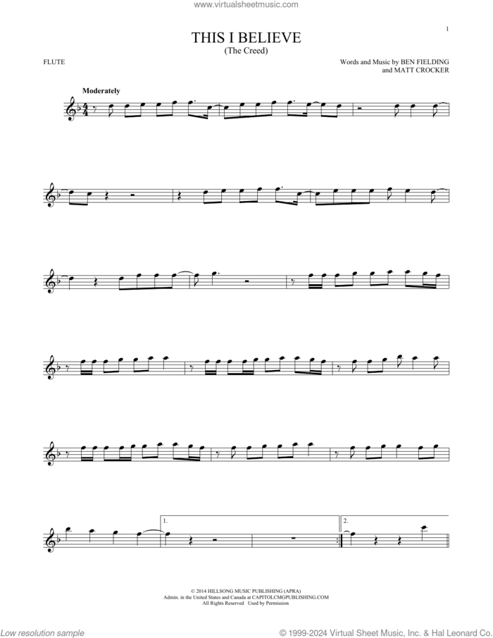 This I Believe (The Creed) sheet music for flute solo by Hillsong Worship, Ben Fielding and Matt Crocker, intermediate skill level