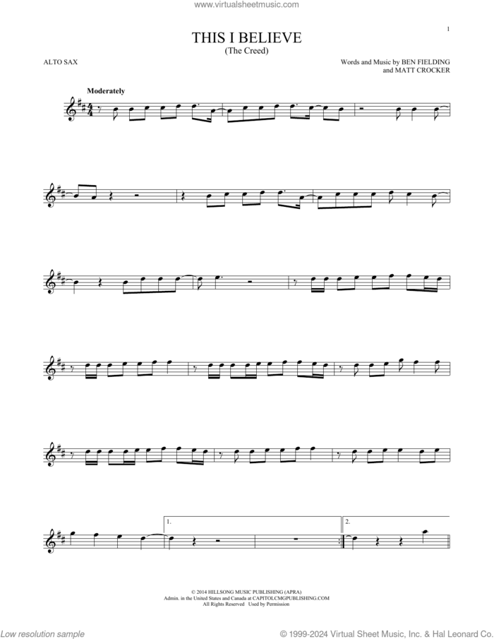 This I Believe (The Creed) sheet music for alto saxophone solo by Hillsong Worship, Ben Fielding and Matt Crocker, intermediate skill level