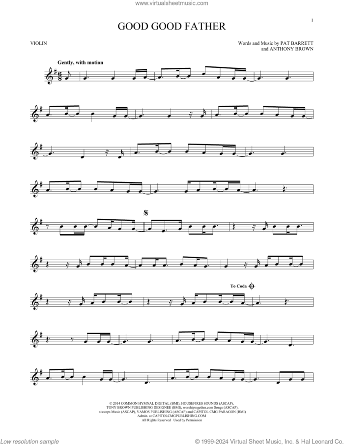 Good Good Father sheet music for violin solo by Chris Tomlin, Anthony Brown and Pat Barrett, intermediate skill level