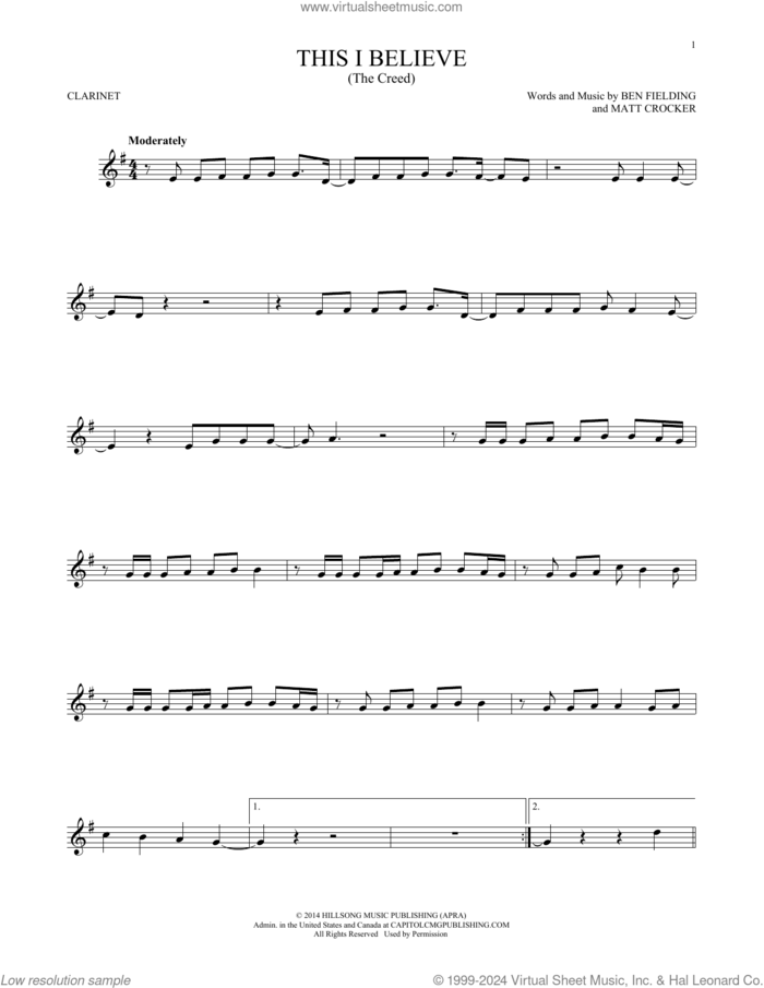 This I Believe (The Creed) sheet music for clarinet solo by Hillsong Worship, Ben Fielding and Matt Crocker, intermediate skill level