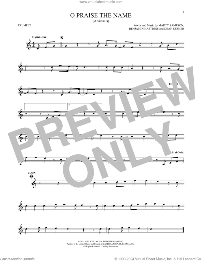 O Praise The Name (Anastasis) sheet music for trumpet solo by Hillsong Worship, Benjamin Hastings, Dean Ussher and Marty Sampson, intermediate skill level