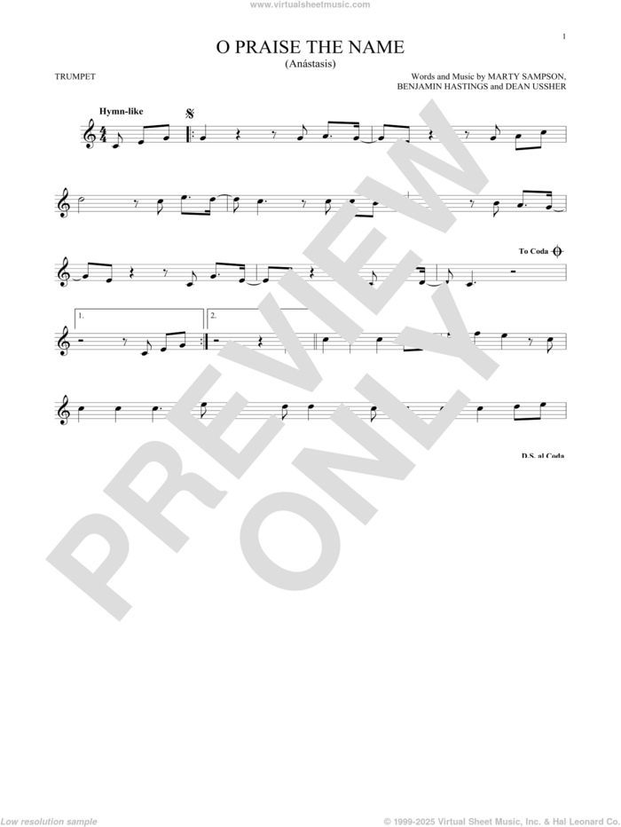 O Praise The Name (Anastasis) sheet music for trumpet solo by Hillsong Worship, Benjamin Hastings, Dean Ussher and Marty Sampson, intermediate skill level