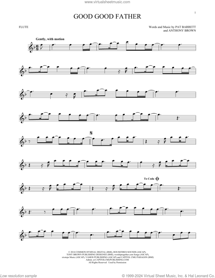 Good Good Father sheet music for flute solo by Chris Tomlin, Anthony Brown and Pat Barrett, intermediate skill level