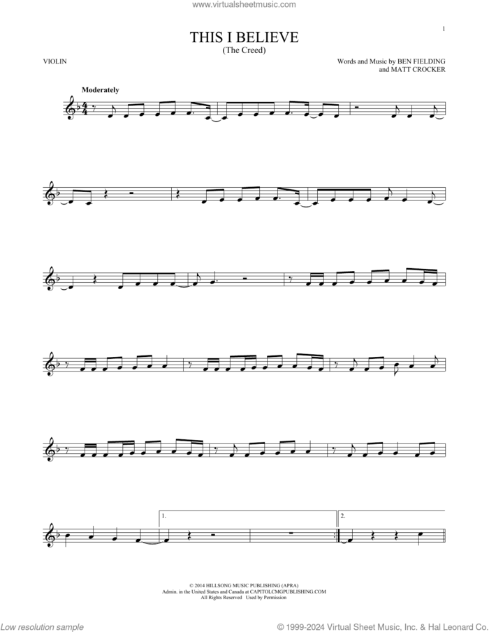 This I Believe (The Creed) sheet music for violin solo by Hillsong Worship, Ben Fielding and Matt Crocker, intermediate skill level