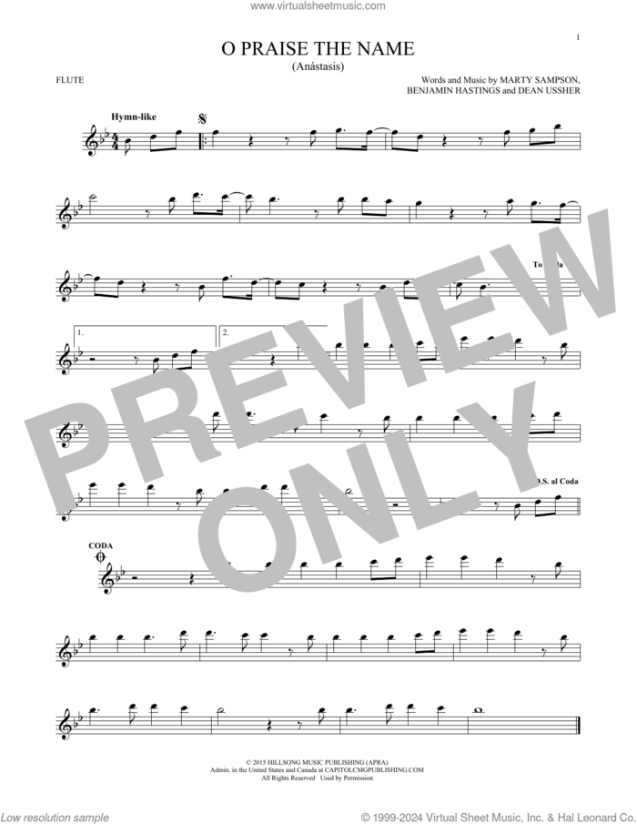 O Praise The Name (Anastasis) sheet music for flute solo by Hillsong Worship, Benjamin Hastings, Dean Ussher and Marty Sampson, intermediate skill level