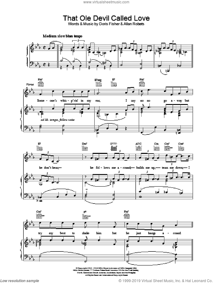 That Ole Devil Called Love sheet music for voice, piano or guitar by Billie Holiday, intermediate skill level