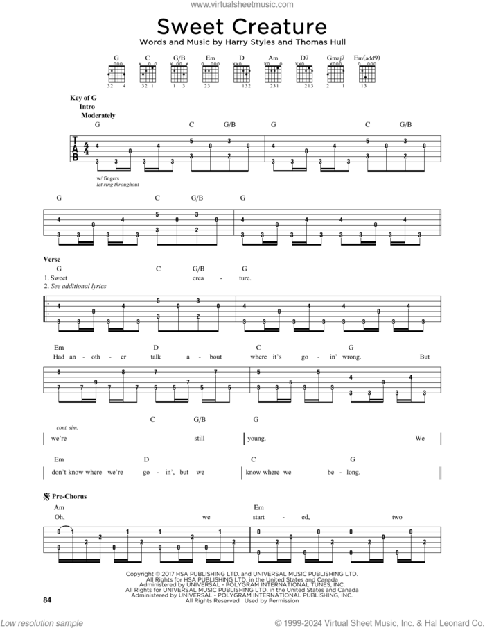 Sweet Creature sheet music for guitar solo (lead sheet) by Harry Styles and Tom Hull, intermediate guitar (lead sheet)