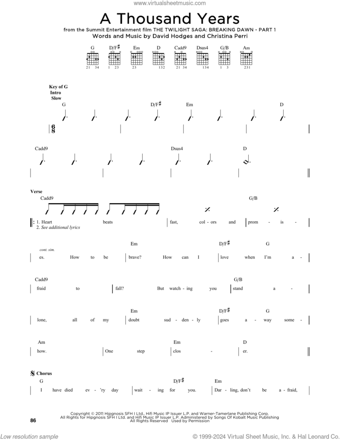 A Thousand Years sheet music for guitar solo (lead sheet) by Christina Perri and David Hodges, intermediate guitar (lead sheet)