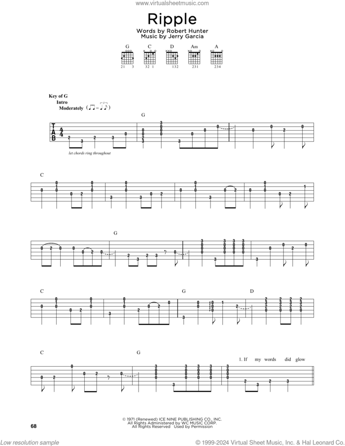 Ripple sheet music for guitar solo (lead sheet) by Grateful Dead, Jerry Garcia and Robert Hunter, intermediate guitar (lead sheet)