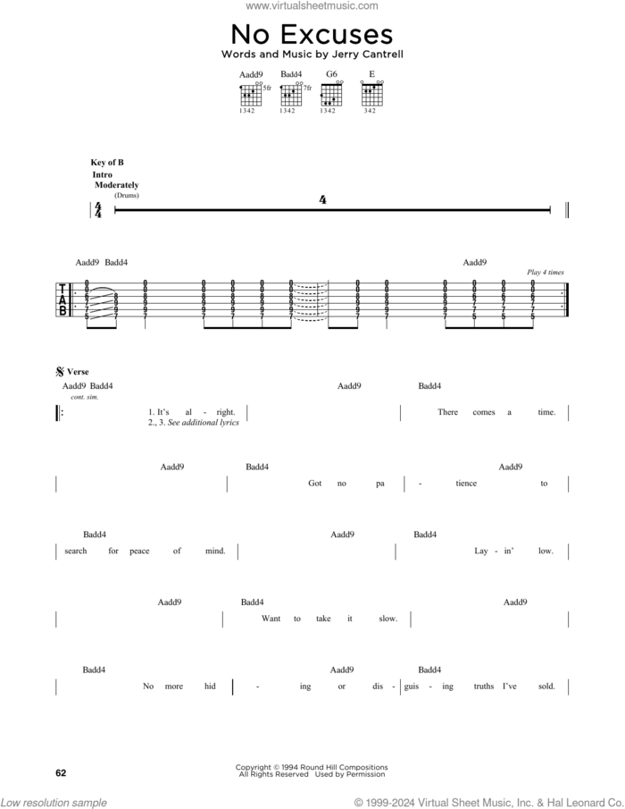 No Excuses sheet music for guitar solo (lead sheet) by Alice In Chains and Jerry Cantrell, intermediate guitar (lead sheet)