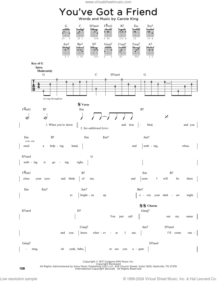 You've Got A Friend sheet music for guitar solo (lead sheet) by James Taylor and Carole King, intermediate guitar (lead sheet)