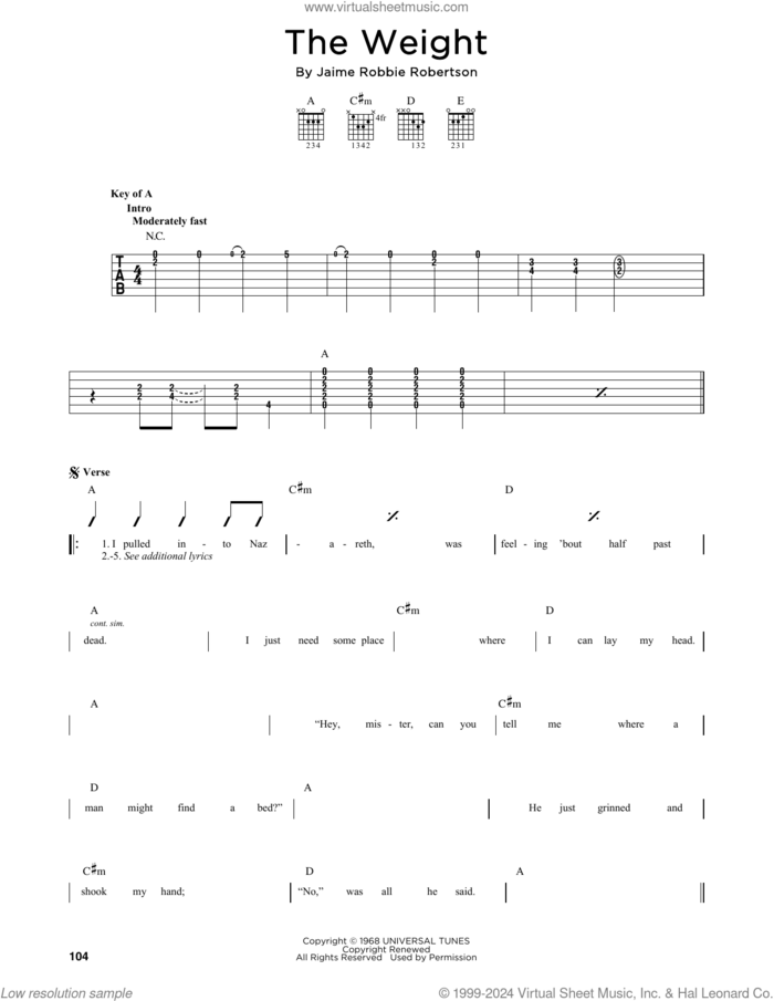 The Weight sheet music for guitar solo (lead sheet) by The Band and Robbie Robertson, intermediate guitar (lead sheet)