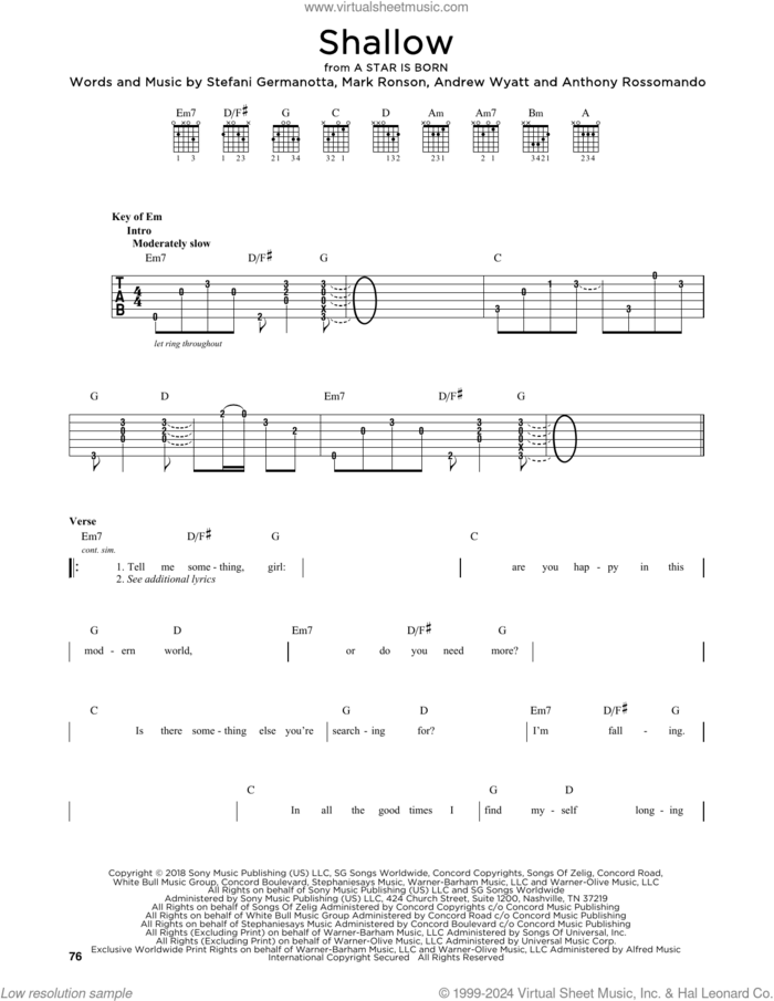 Shallow (from A Star Is Born) sheet music for guitar solo (lead sheet) by Lady Gaga & Bradley Cooper, Andrew Wyatt, Anthony Rossomando, Lady Gaga and Mark Ronson, intermediate guitar (lead sheet)