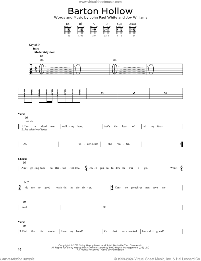Barton Hollow sheet music for guitar solo (lead sheet) by The Civil Wars, John Paul White and Joy Williams, intermediate guitar (lead sheet)