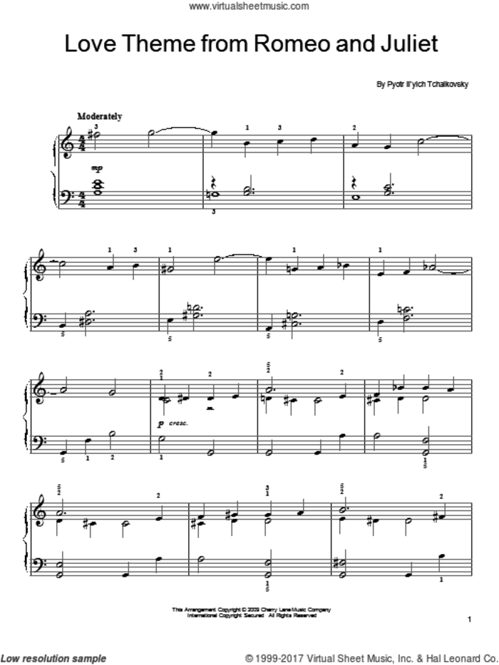 Romeo And Juliet (Love Theme), (easy) sheet music for piano solo by Pyotr Ilyich Tchaikovsky, classical score, easy skill level