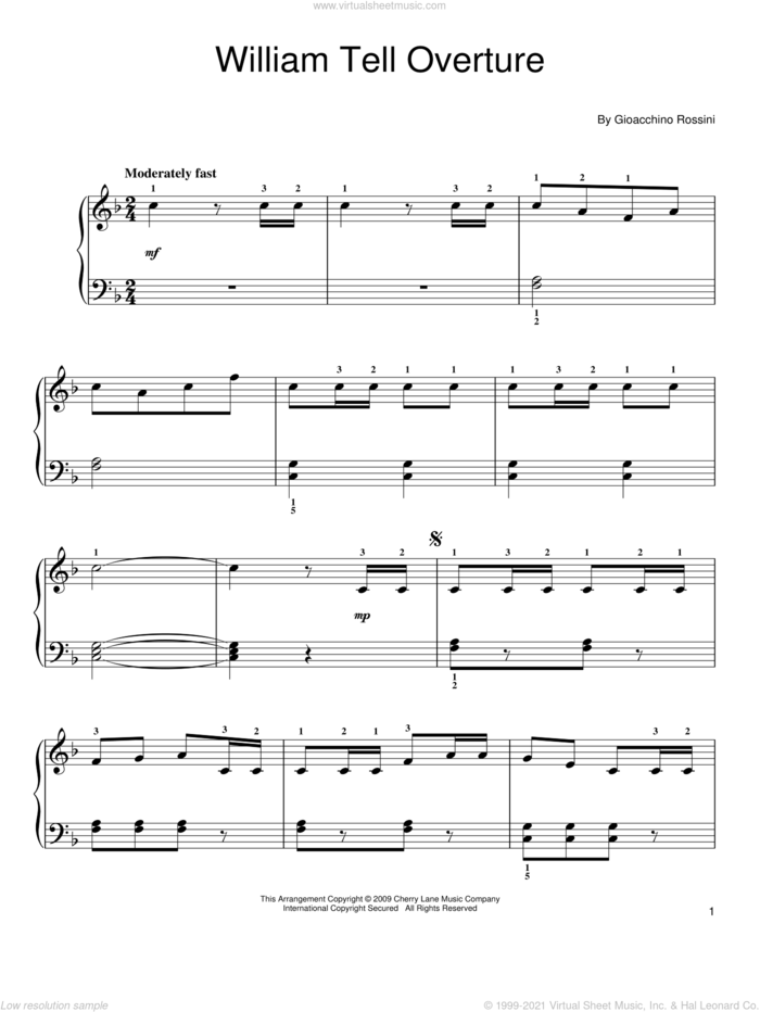 William Tell Overture, (easy) sheet music for piano solo by Gioacchino Rossini, classical score, easy skill level