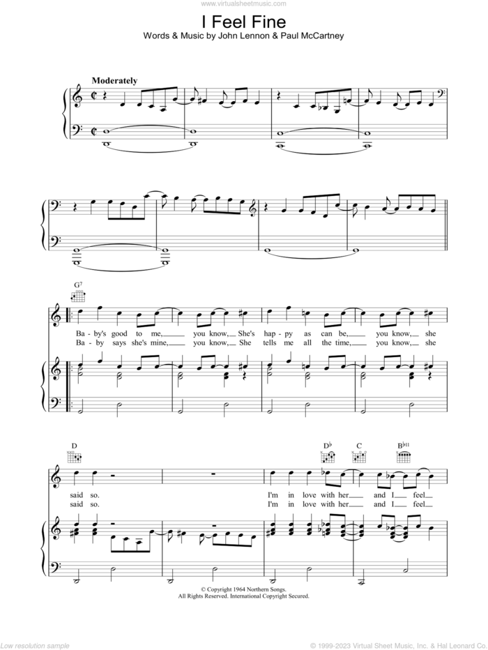 I Feel Fine sheet music for voice, piano or guitar by The Beatles, intermediate skill level