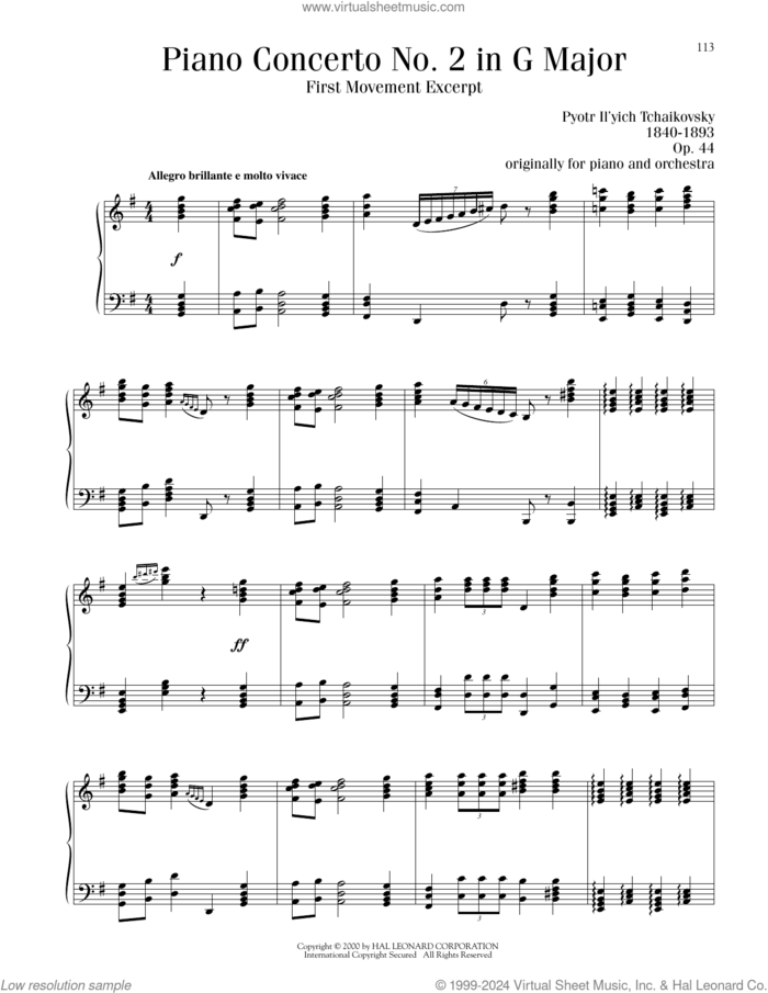 Piano Concerto No. 2 In G Major, Op. 44, First Movement Excerpt sheet music for piano solo by Pyotr Ilyich Tchaikovsky, classical score, intermediate skill level