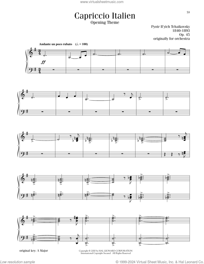 Capriccio Italien, OP. 45 sheet music for piano solo by Pyotr Ilyich Tchaikovsky, classical score, intermediate skill level