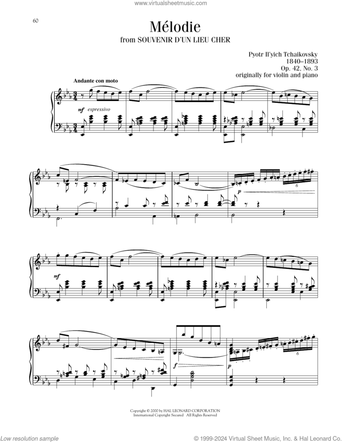 Melodie, Op. 42, No. 3 sheet music for piano solo by Pyotr Ilyich Tchaikovsky, classical score, intermediate skill level