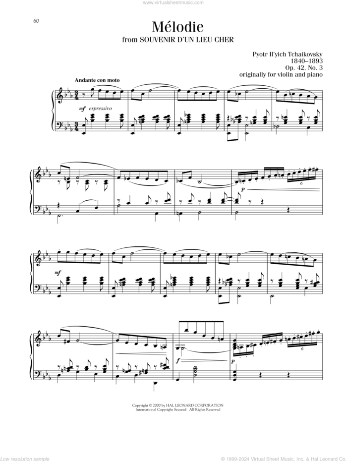 Melodie, Op. 42, No. 3 sheet music for piano solo by Pyotr Ilyich Tchaikovsky, classical score, intermediate skill level