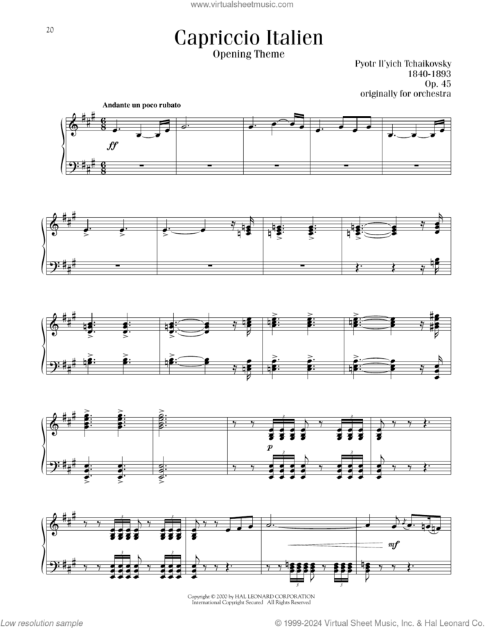 Capriccio Italien, OP. 45 sheet music for piano solo by Pyotr Ilyich Tchaikovsky, classical score, intermediate skill level