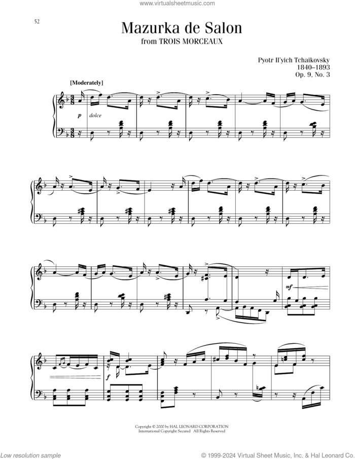 Mazurka De Salon, Op. 9, No. 3 sheet music for piano solo by Pyotr Ilyich Tchaikovsky, classical score, intermediate skill level