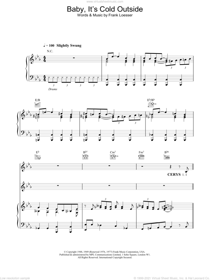 Baby, It's Cold Outside sheet music for voice, piano or guitar by Tom Jones and Cerys Matthews, intermediate skill level