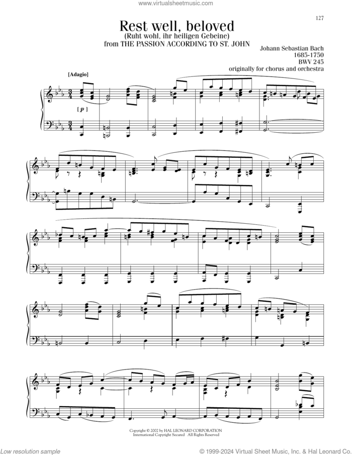 Slumber, Beloved sheet music for piano solo by Johann Sebastian Bach, classical score, intermediate skill level