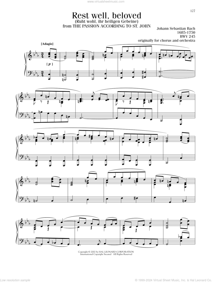 Slumber, Beloved sheet music for piano solo by Johann Sebastian Bach, classical score, intermediate skill level