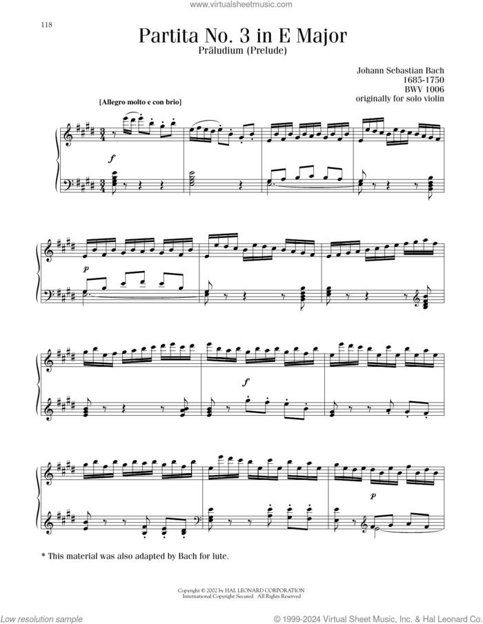 Partita No. 3 In E Major, BWV 1006 sheet music for piano solo by Johann Sebastian Bach, classical score, intermediate skill level