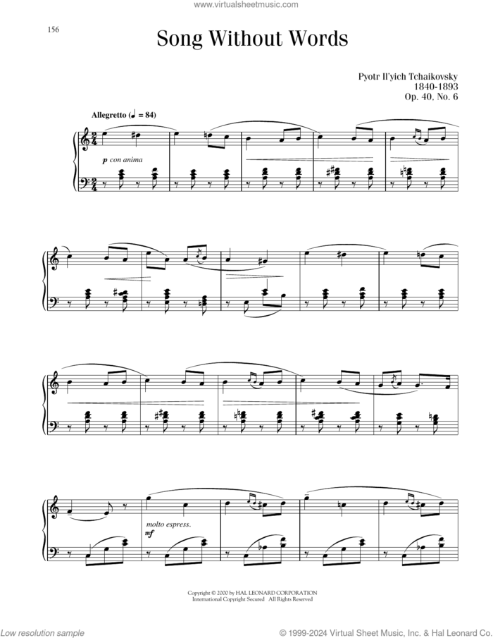 Chant Sans Paroles, Op. 40, No. 6 sheet music for piano solo by Pyotr Ilyich Tchaikovsky, classical score, intermediate skill level
