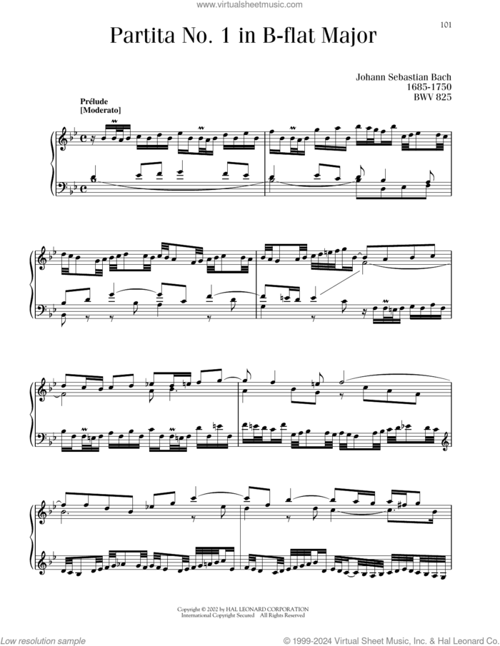 Partita No. 1 In B-Flat Major, BWV 825 sheet music for piano solo by Johann Sebastian Bach, classical score, intermediate skill level