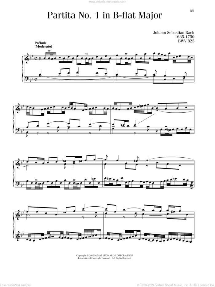 Partita No. 1 In B-Flat Major, BWV 825 sheet music for piano solo by Johann Sebastian Bach, classical score, intermediate skill level