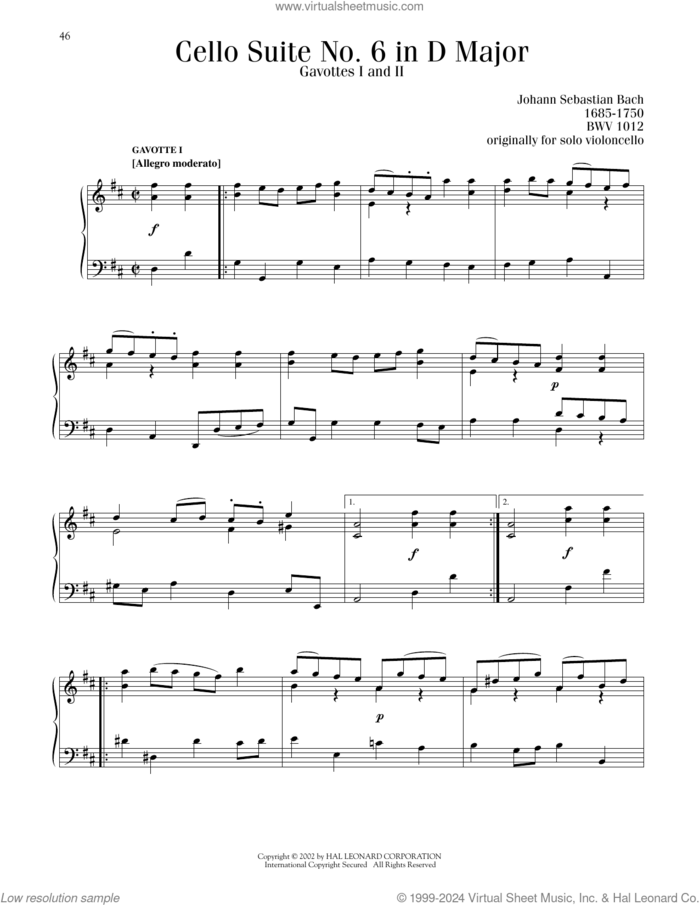 Gavotte I and II (from the 6th Cello Suite) sheet music for piano solo by Johann Sebastian Bach, classical score, intermediate skill level