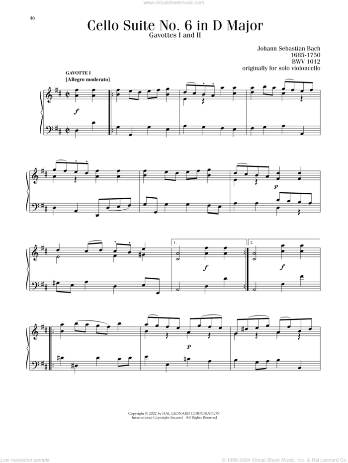 Gavotte I and II (from the 6th Cello Suite) sheet music for piano solo by Johann Sebastian Bach, classical score, intermediate skill level