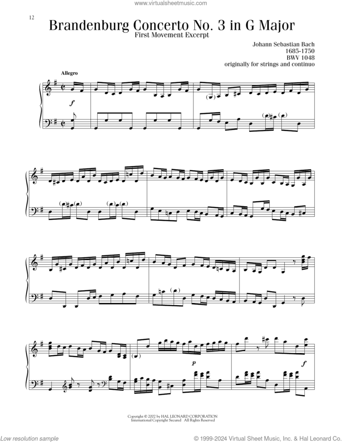 Brandenburg Concerto No. 3, (intermediate) sheet music for piano solo by Johann Sebastian Bach, classical score, intermediate skill level