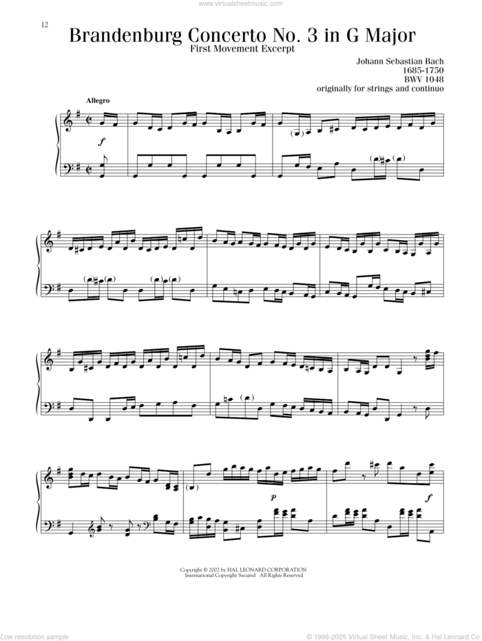 Brandenburg Concerto No. 3 (First Movement Excerpt) sheet music for piano solo by Johann Sebastian Bach, classical score, intermediate skill level