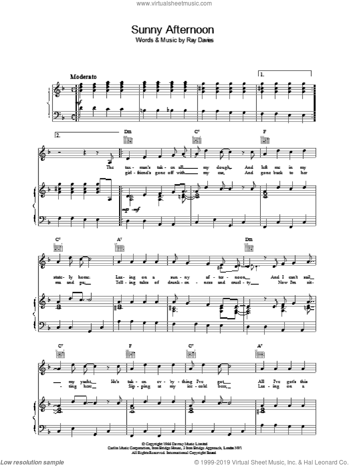 Sunny Afternon sheet music for voice, piano or guitar by The Kinks, intermediate skill level